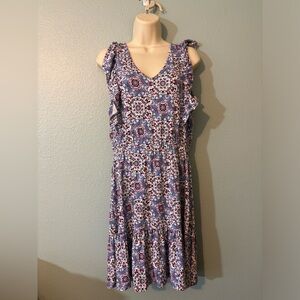 Loft Floral‎ Print Ruffle Sleeve Dress Blue Purple White Casual Sundress